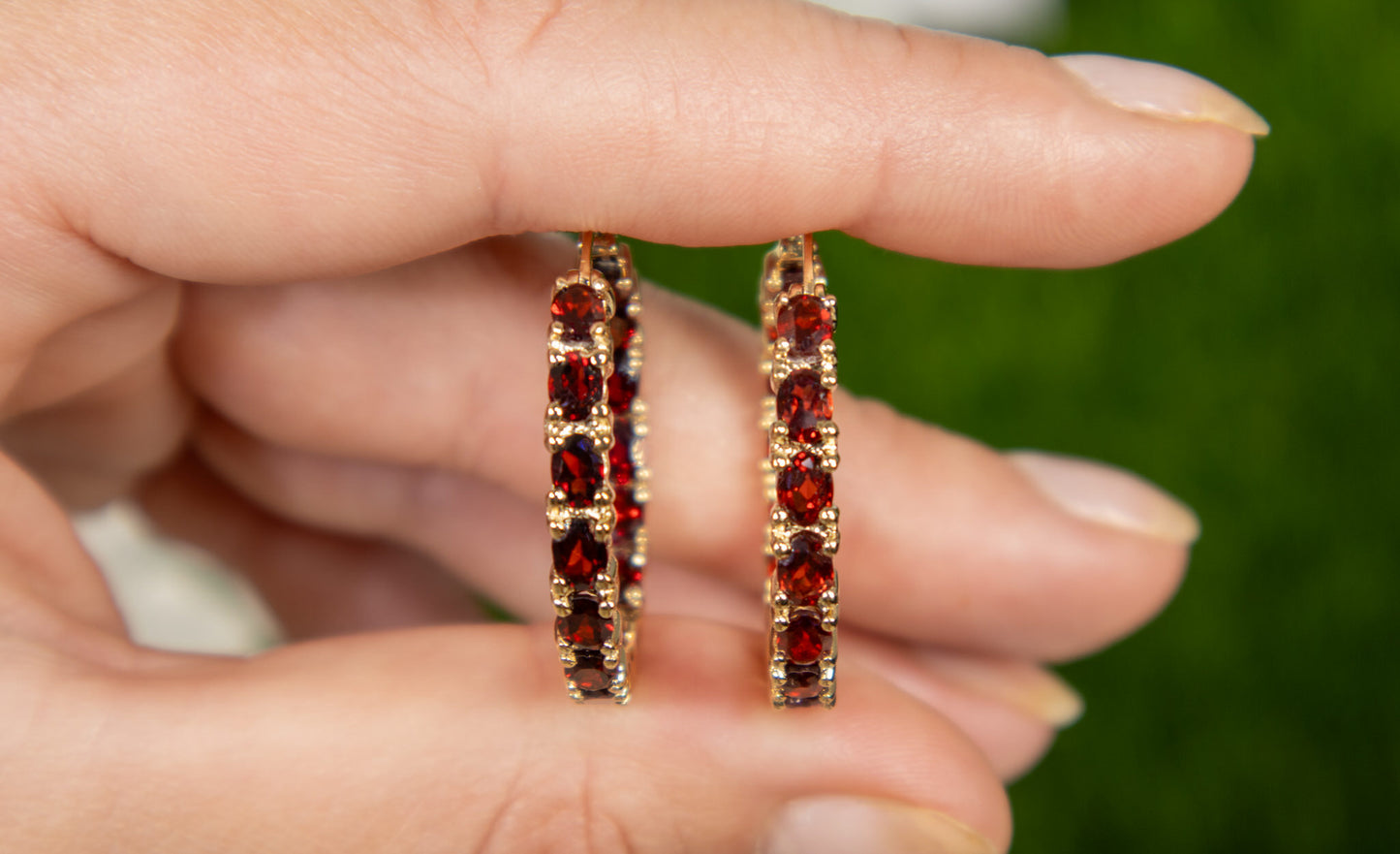 Garnet Hoop Earrings 6 Carats 14K Yellow Gold Plated Silver