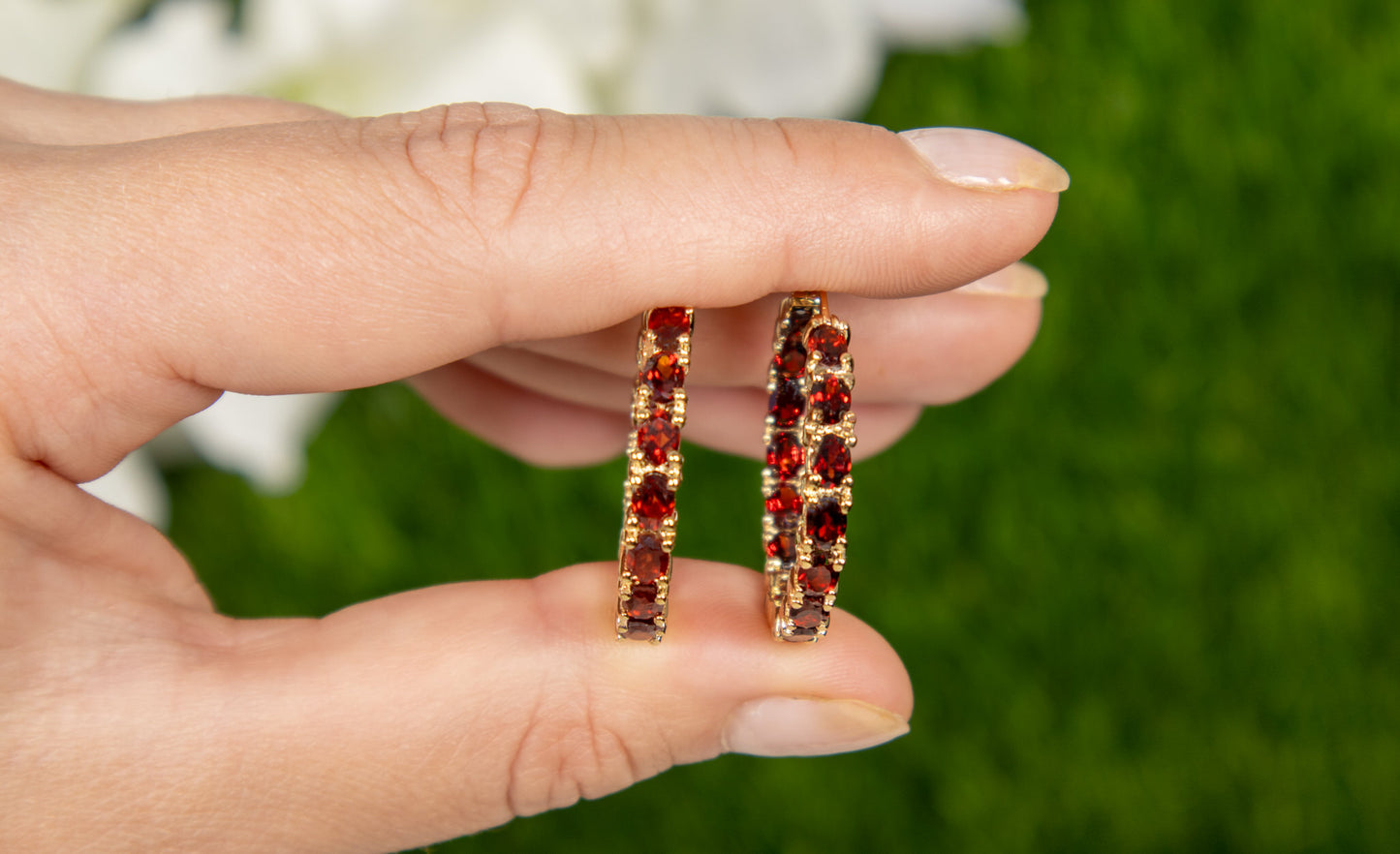 Garnet Hoop Earrings 6 Carats 14K Yellow Gold Plated Silver