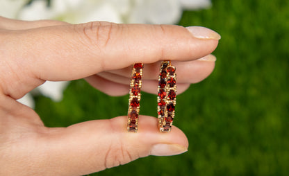 Garnet Hoop Earrings 6 Carats 14K Yellow Gold Plated Silver