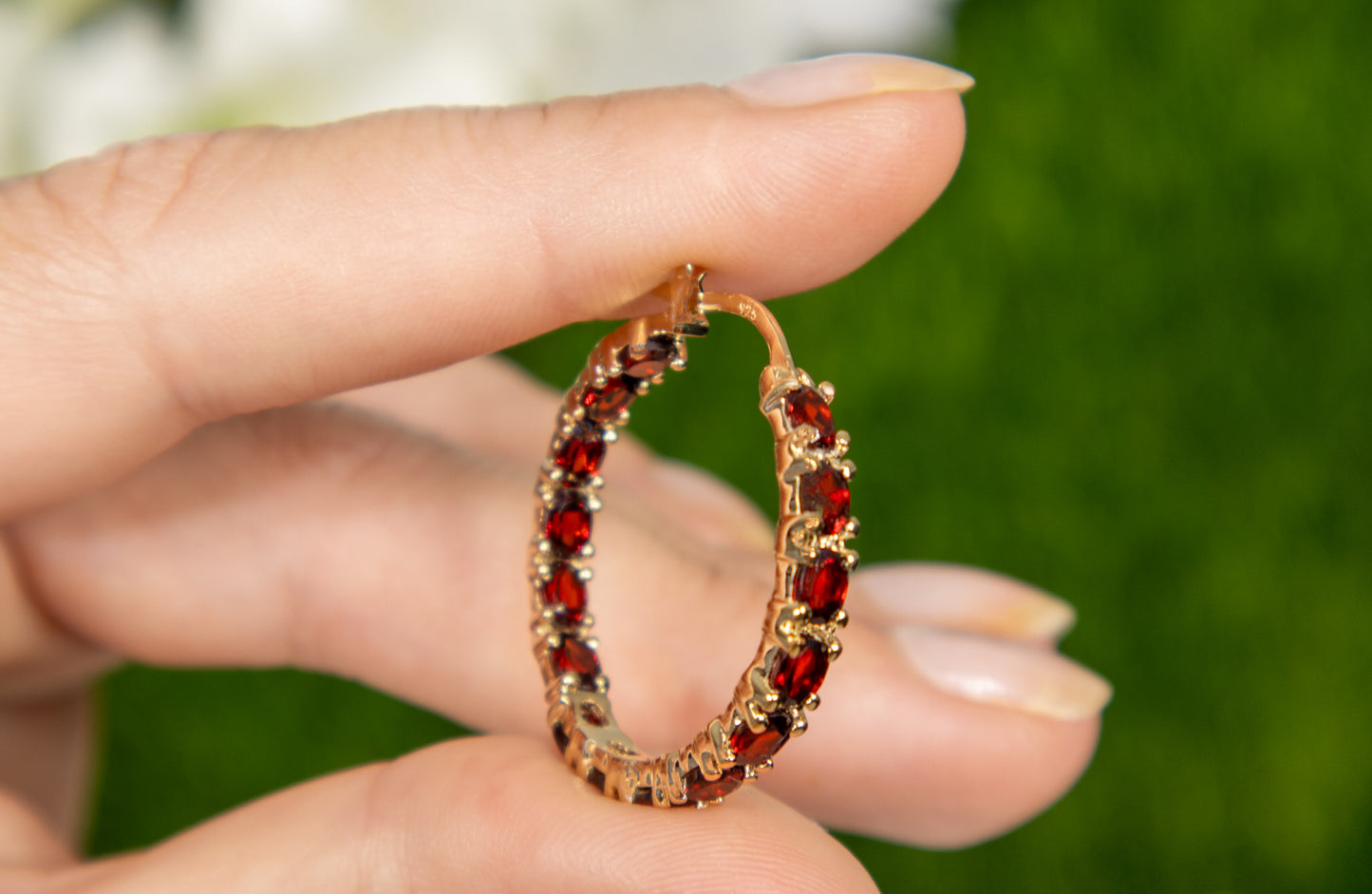 Garnet Hoop Earrings 6 Carats 14K Yellow Gold Plated Silver