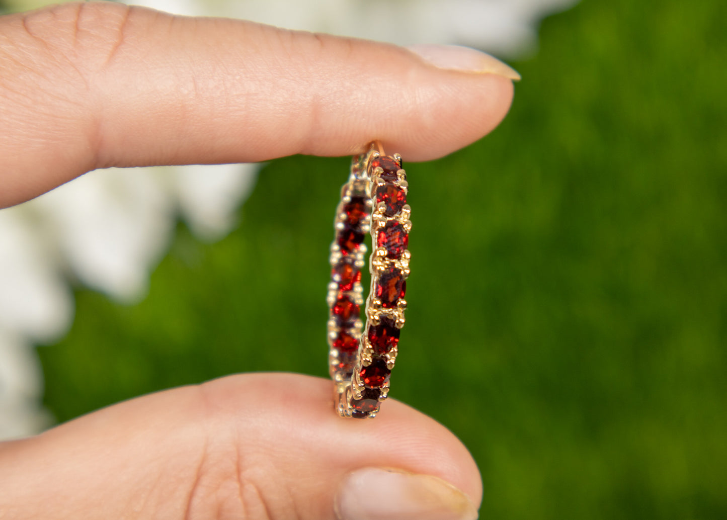 Garnet Hoop Earrings 6 Carats 14K Yellow Gold Plated Silver