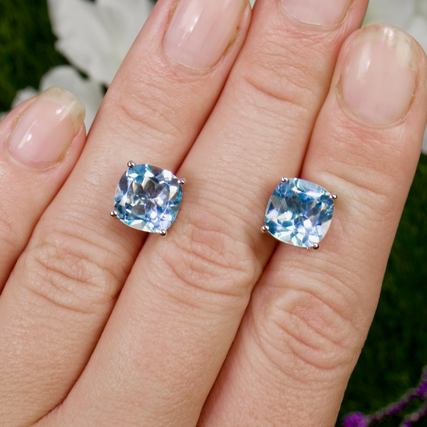 Blue Topaz Stud Earrings 6.8 Carats Rhodium Plated Silver