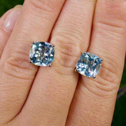 Blue Topaz Stud Earrings 6.8 Carats Rhodium Plated Silver