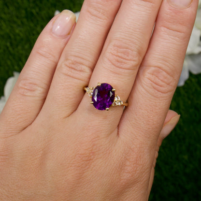 Amethyst Ring With White Topazes 3.4 Carats 14K Yellow Gold Plated Silver