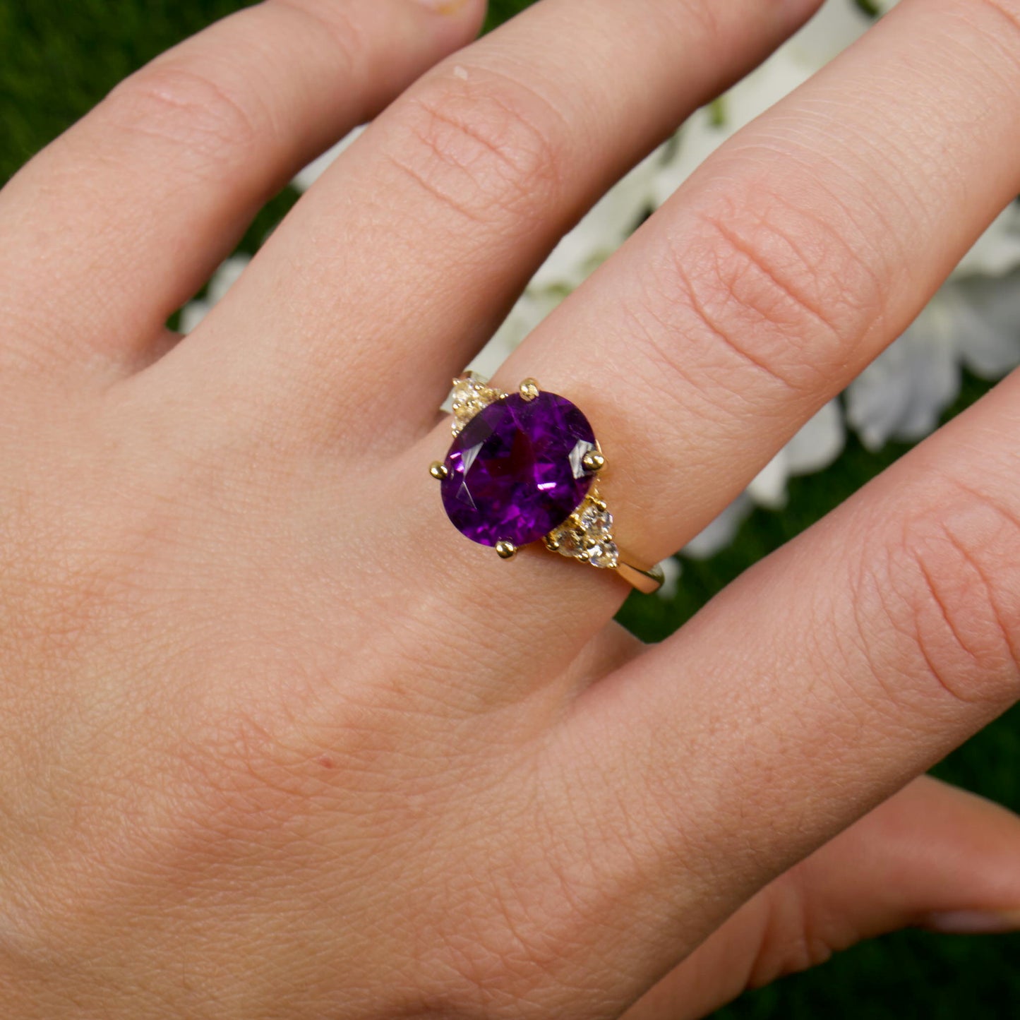 Amethyst Ring With White Topazes 3.4 Carats 14K Yellow Gold Plated Silver