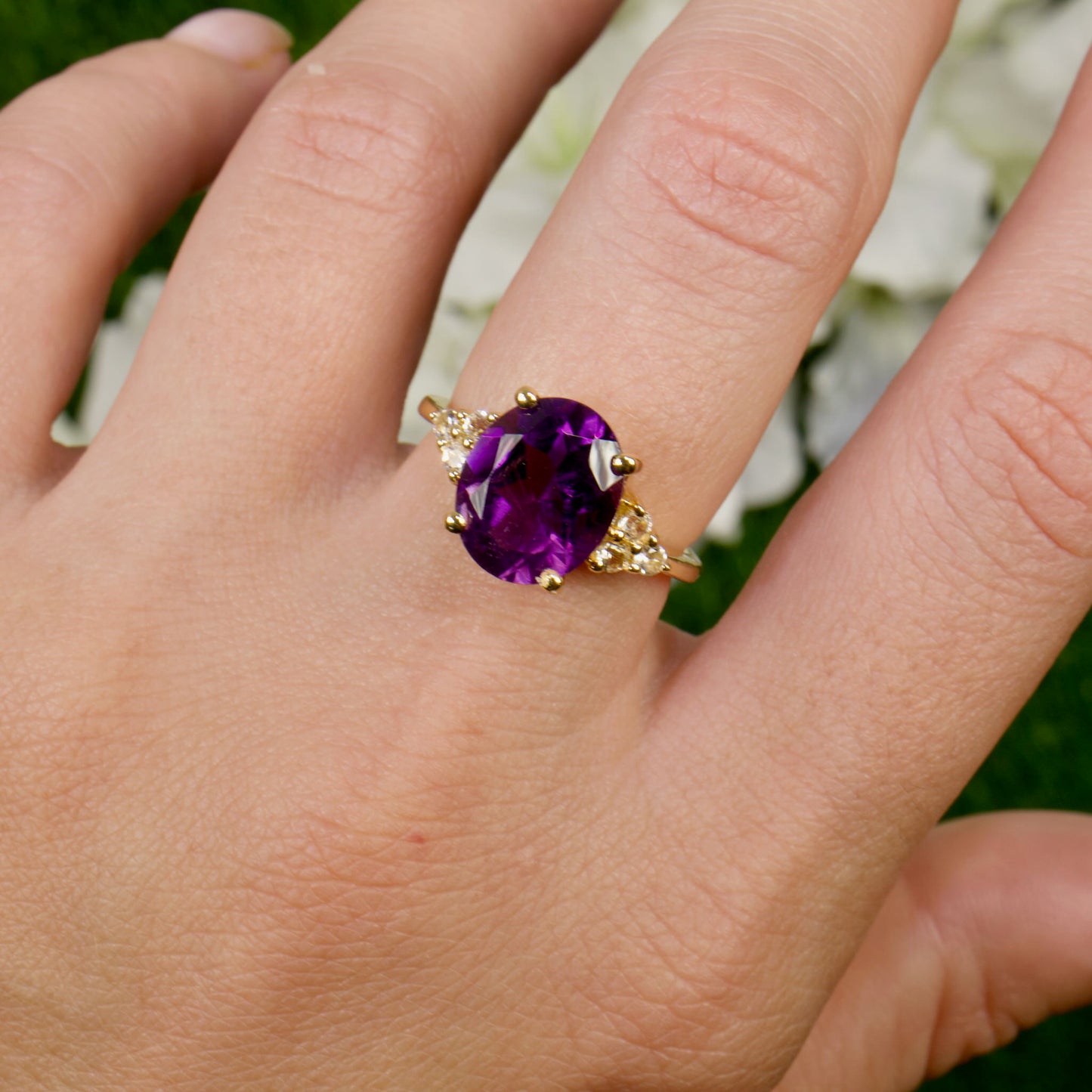 Amethyst Ring With White Topazes 3.4 Carats 14K Yellow Gold Plated Silver