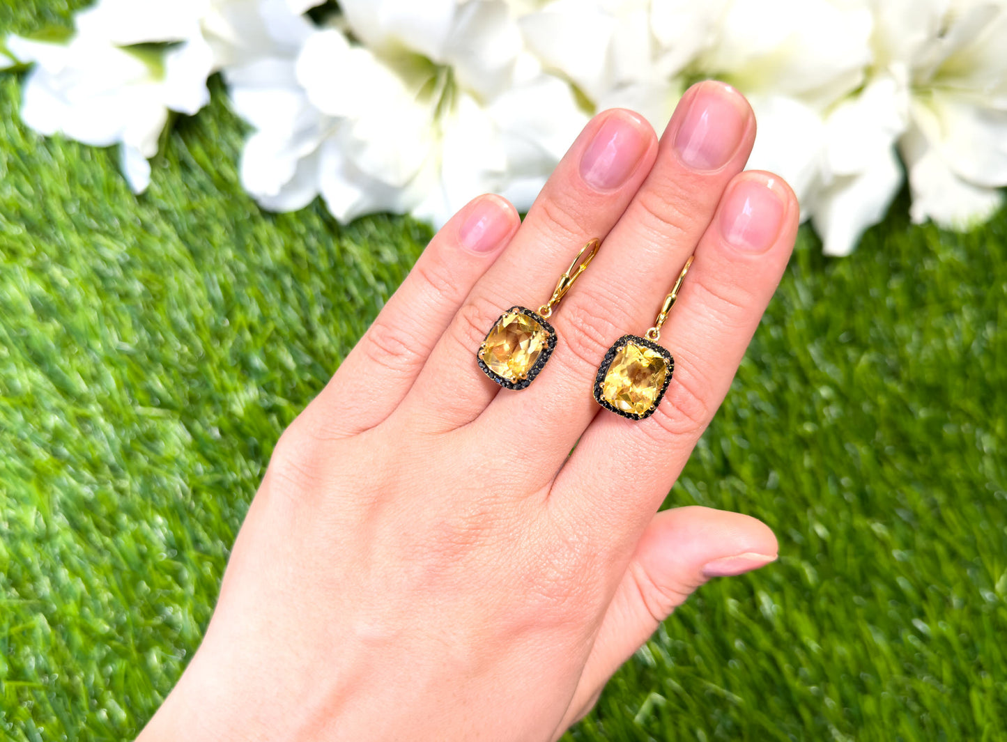 Citrine Dangle Earrings Black Spinel Halo 8.9 Carats 14K Yellow Gold Plated