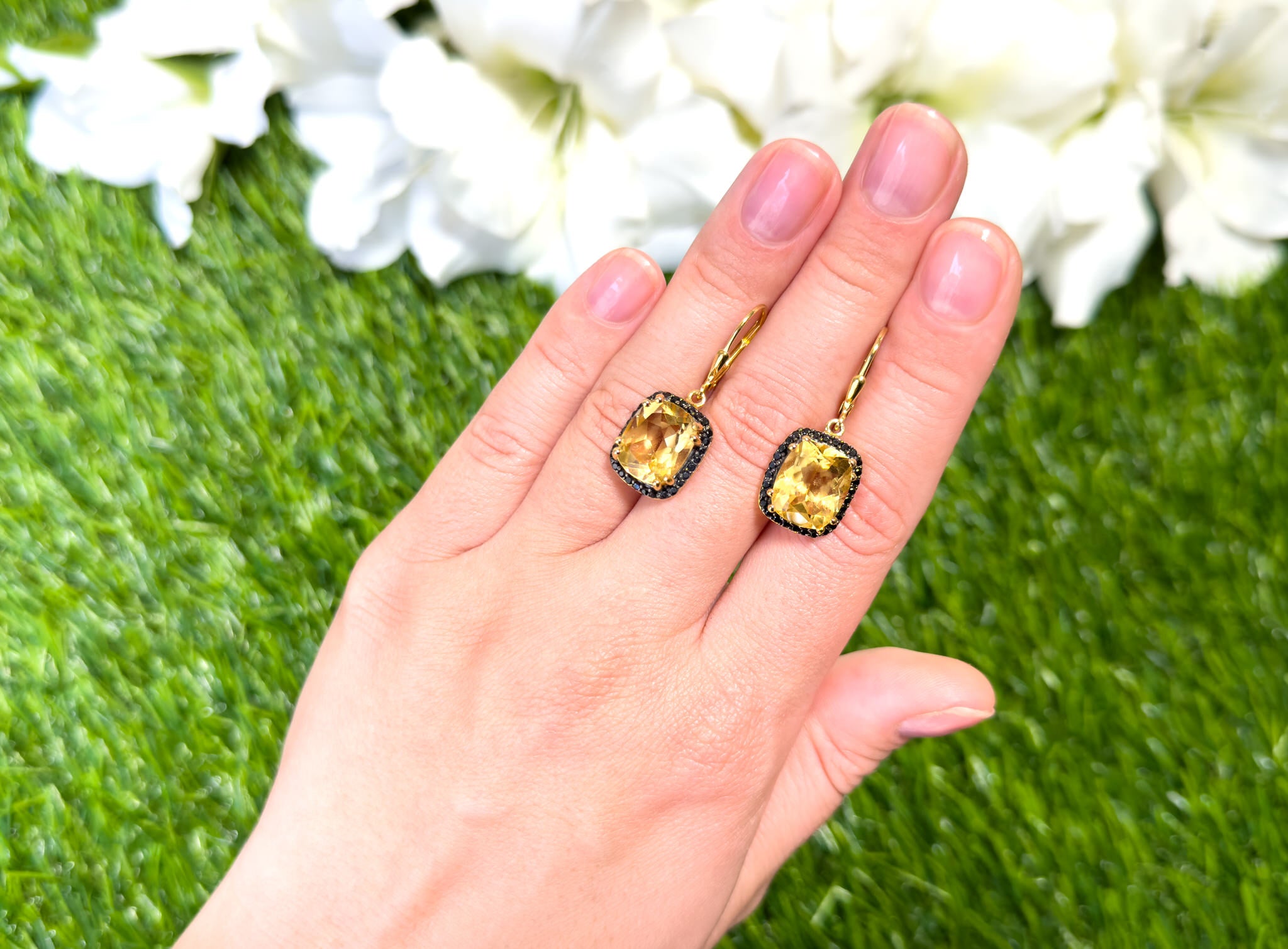Citrine Dangle Earrings Black Spinel Halo 8.9 Carats 14K Yellow Gold Plated