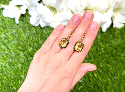 Citrine Dangle Earrings Black Spinel Halo 8.9 Carats 14K Yellow Gold Plated