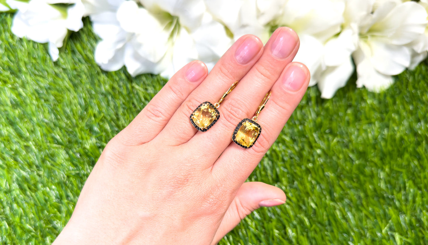 Citrine Dangle Earrings Black Spinel Halo 8.9 Carats 14K Yellow Gold Plated