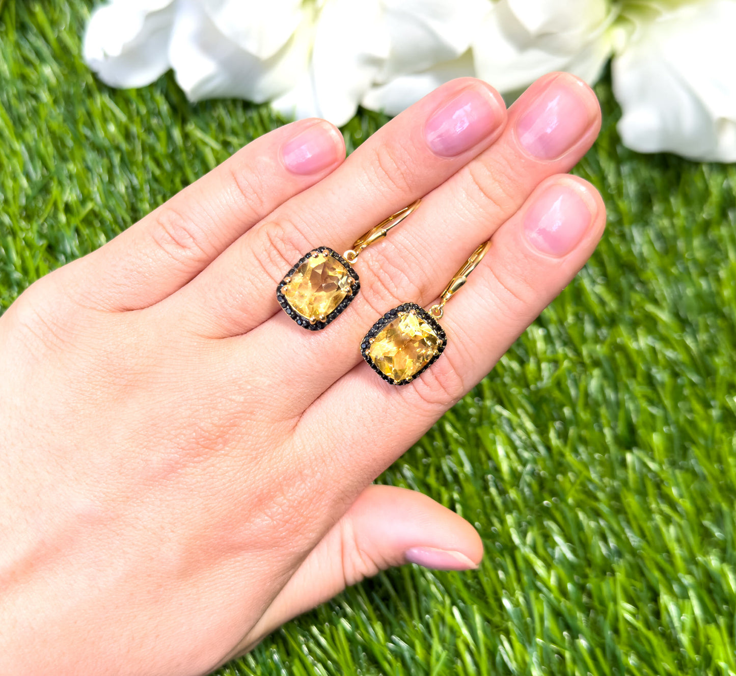 Citrine Dangle Earrings Black Spinel Halo 8.9 Carats 14K Yellow Gold Plated