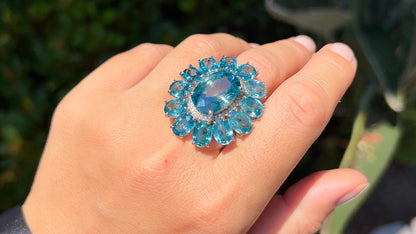 Important Rare Natural Ocean Blue Zircon Ring Diamond Halo 30 Carats 14K Gold