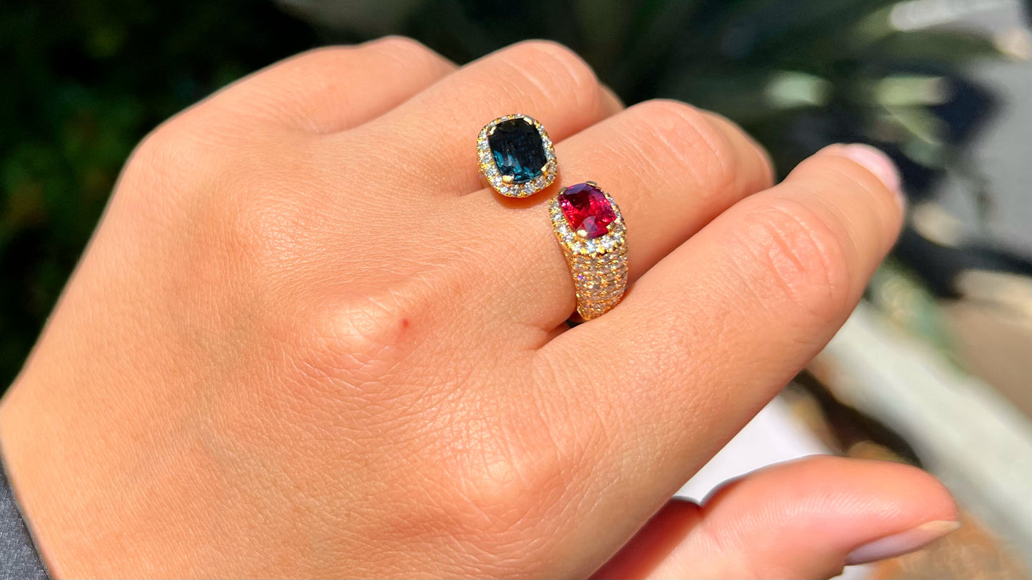 Rare Natural Blue and Red Spinel Bypass Ring Diamond Setting 4 Carats 18K Gold