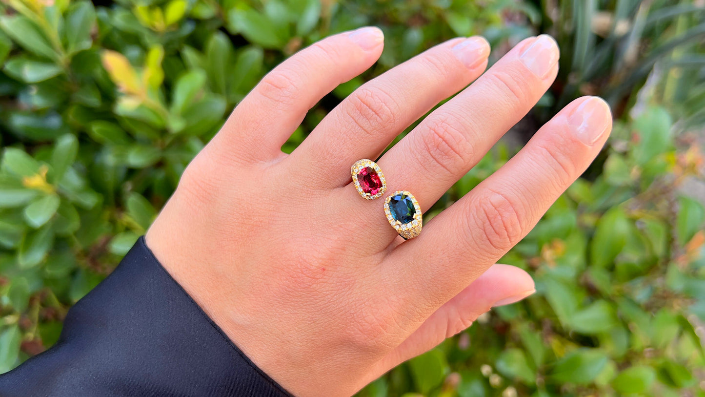 Rare Natural Blue and Red Spinel Bypass Ring Diamond Setting 4 Carats 18K Gold