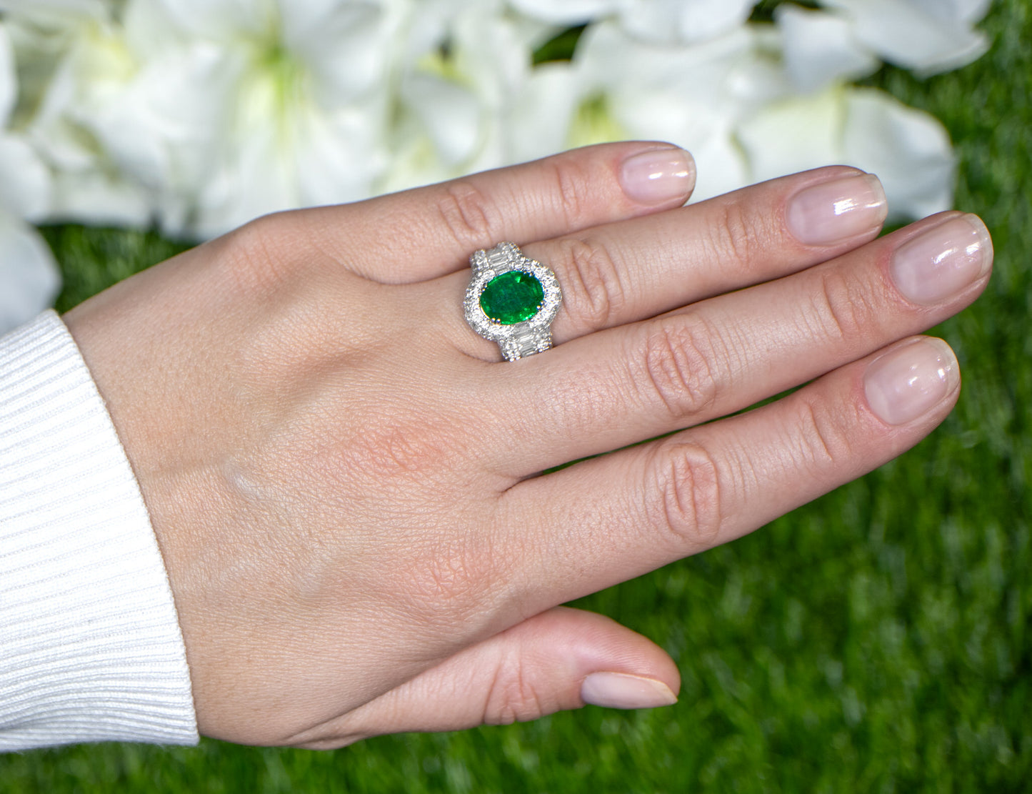 Oval Emerald Statement Ring With Diamond Setting 5.22 Carats 18K Gold