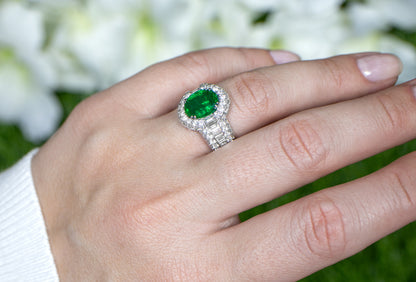 Oval Emerald Statement Ring With Diamond Setting 5.22 Carats 18K Gold