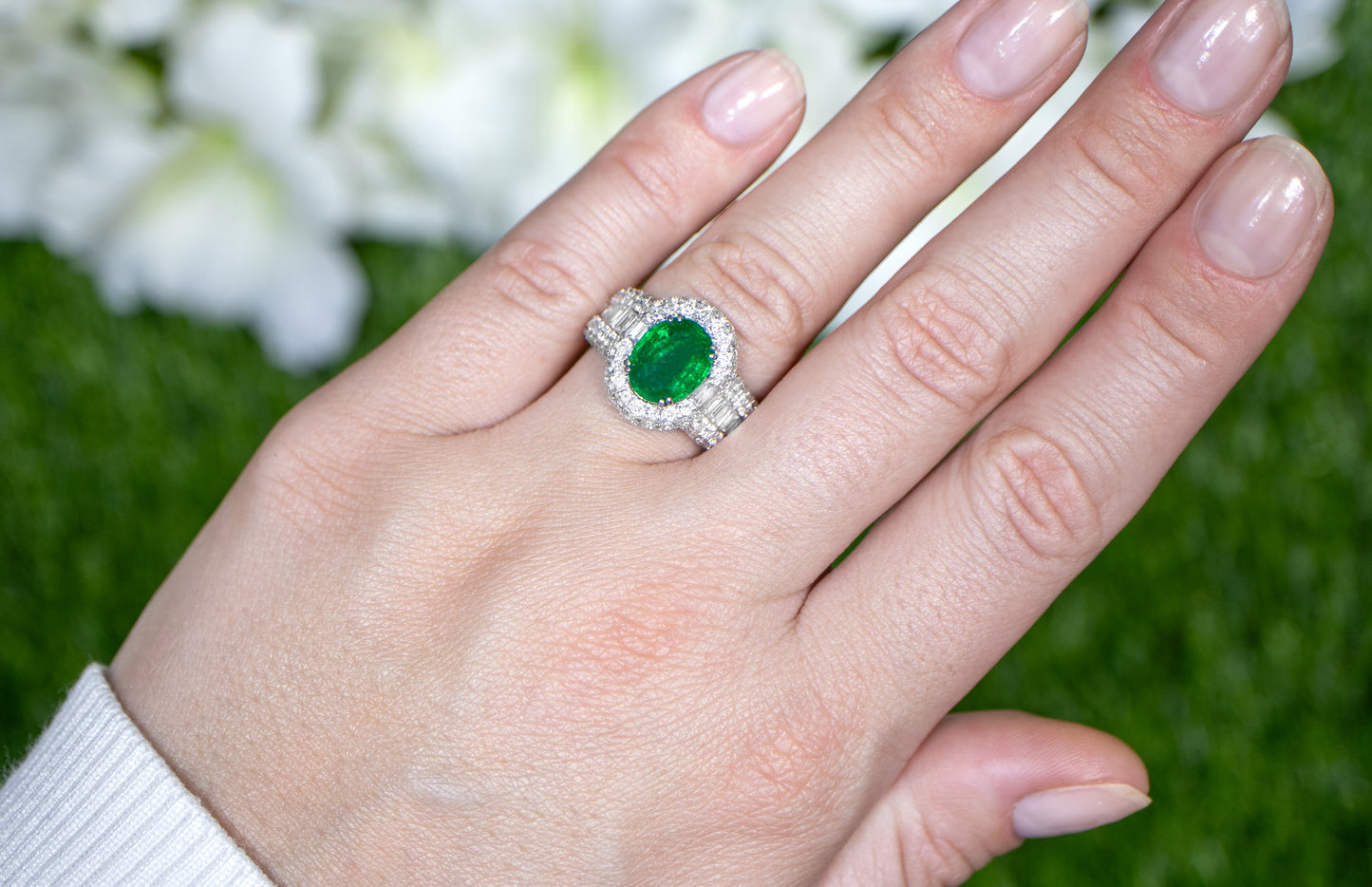 Oval Emerald Statement Ring With Diamond Setting 5.22 Carats 18K Gold