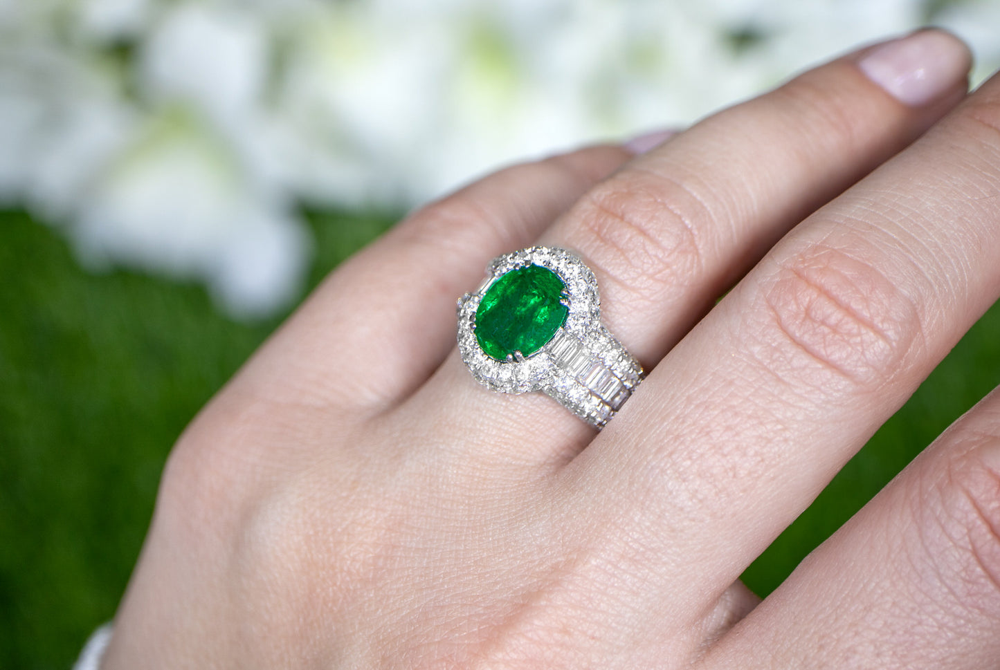 Oval Emerald Statement Ring With Diamond Setting 5.22 Carats 18K Gold