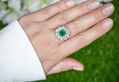 Important Emerald Ring With Large Diamond Halo Setting 5.44 Carats 18K Gold