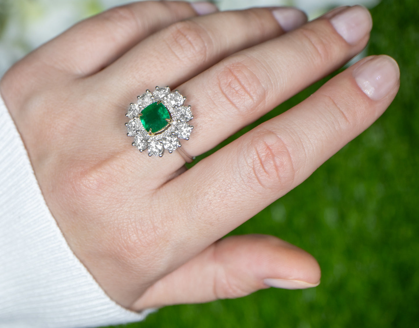 Important Emerald Ring With Large Diamond Halo Setting 5.44 Carats 18K Gold