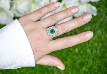 Important Emerald Ring With Large Diamond Halo Setting 5.44 Carats 18K Gold