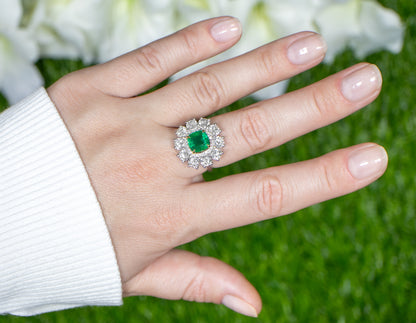 Important Emerald Ring With Large Diamond Halo Setting 5.44 Carats 18K Gold