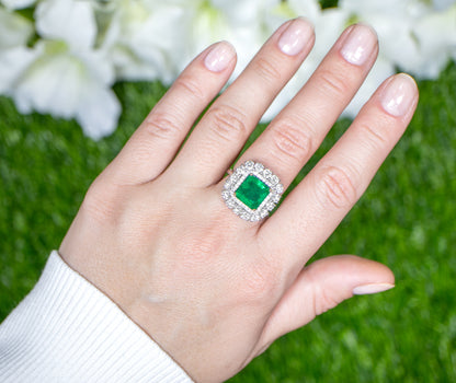 Square Emerald Ring With Diamond Double Halo 5.62 Carats 18K Gold