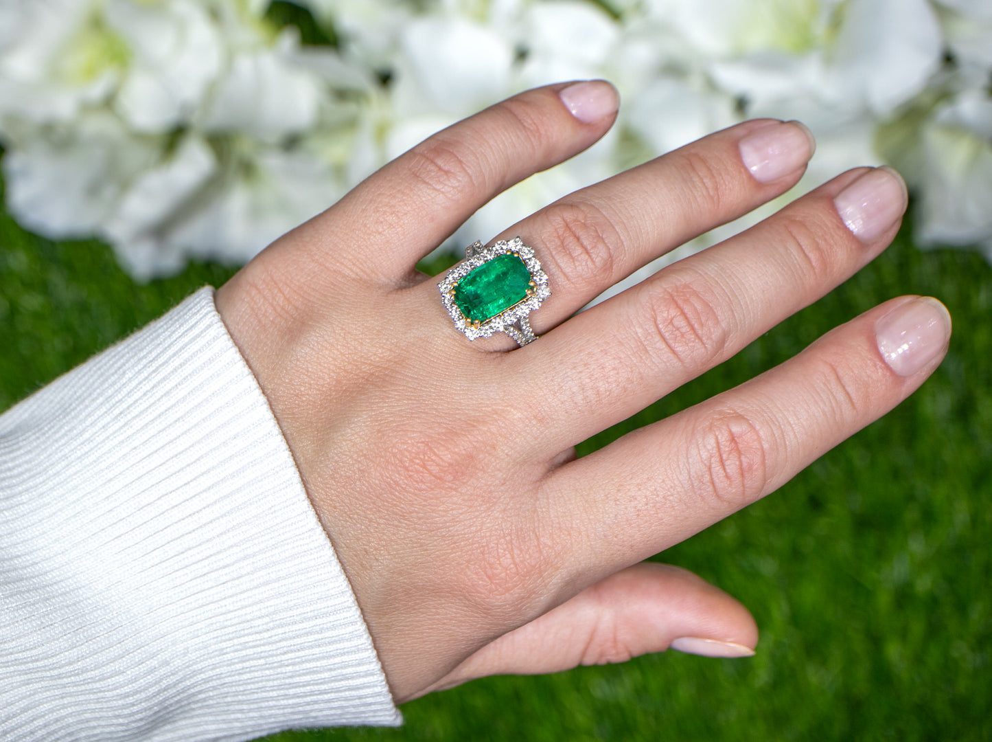 Emerald Ring With Diamond Halo Setting 5.12 Carats 18K Gold