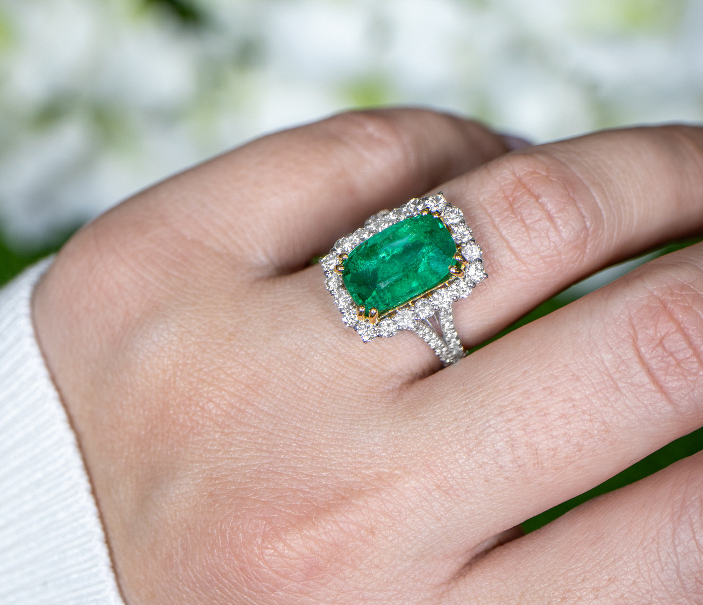 Emerald Ring With Diamond Halo Setting 5.12 Carats 18K Gold