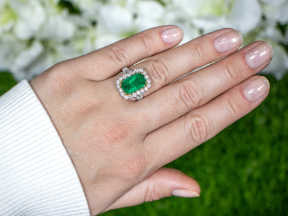 Emerald Ring With Diamond Halo Setting 5.12 Carats 18K Gold