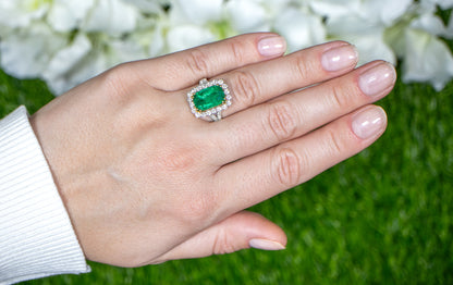 Emerald Ring With Diamond Halo Setting 5.12 Carats 18K Gold