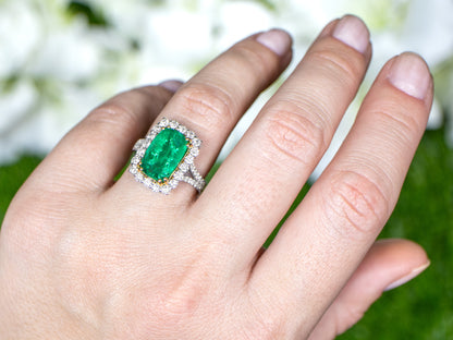 Emerald Ring With Diamond Halo Setting 5.12 Carats 18K Gold