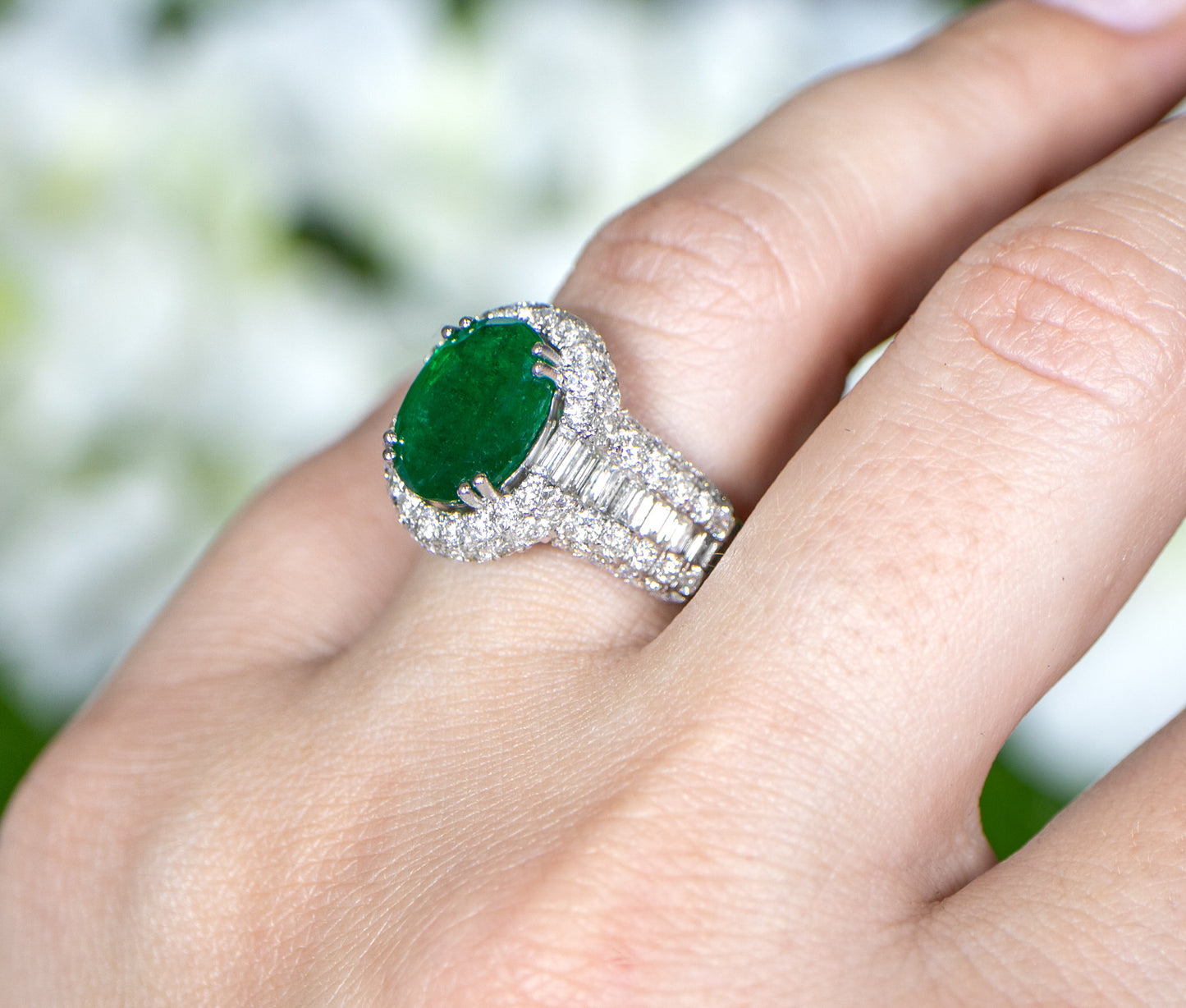 Oval Emerald Statement Ring With Diamond Setting 6.31 Carats 18K Gold