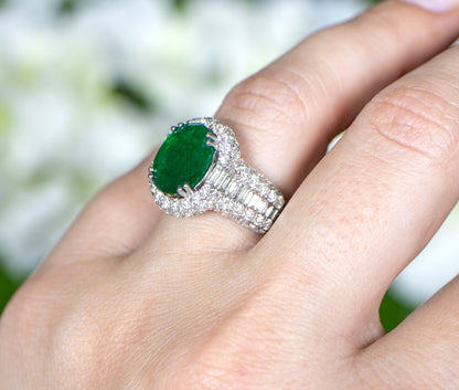 Oval Emerald Statement Ring With Diamond Setting 6.31 Carats 18K Gold