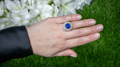 Important Blue Sapphire Ring With Pear Diamond Halo 9.85 Carats 18K Gold