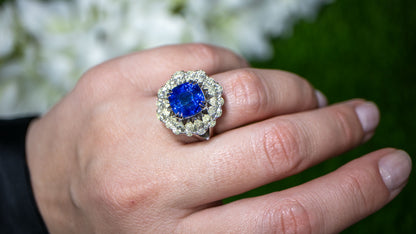 Important Blue Sapphire Ring With Pear Diamond Halo 9.85 Carats 18K Gold