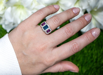 London Blue Topaz and Amethyst Three Stone Ring Diamond Setting 2.97 Carats 18K