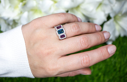 London Blue Topaz and Amethyst Three Stone Ring Diamond Setting 2.97 Carats 18K