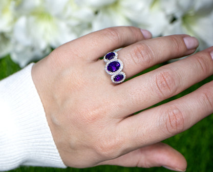 Amethyst Three Stone Ring Diamond Setting 2.48 Carats 18K Gold