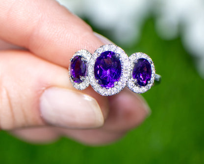 Amethyst Three Stone Ring Diamond Setting 2.48 Carats 18K Gold