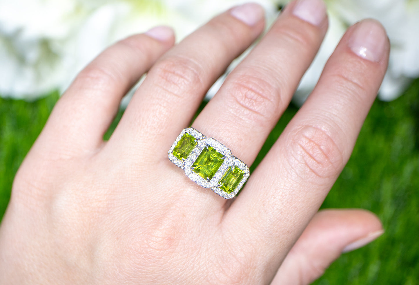 Peridot Three Stone Ring Diamond Setting 5.14 Carats 18K Gold