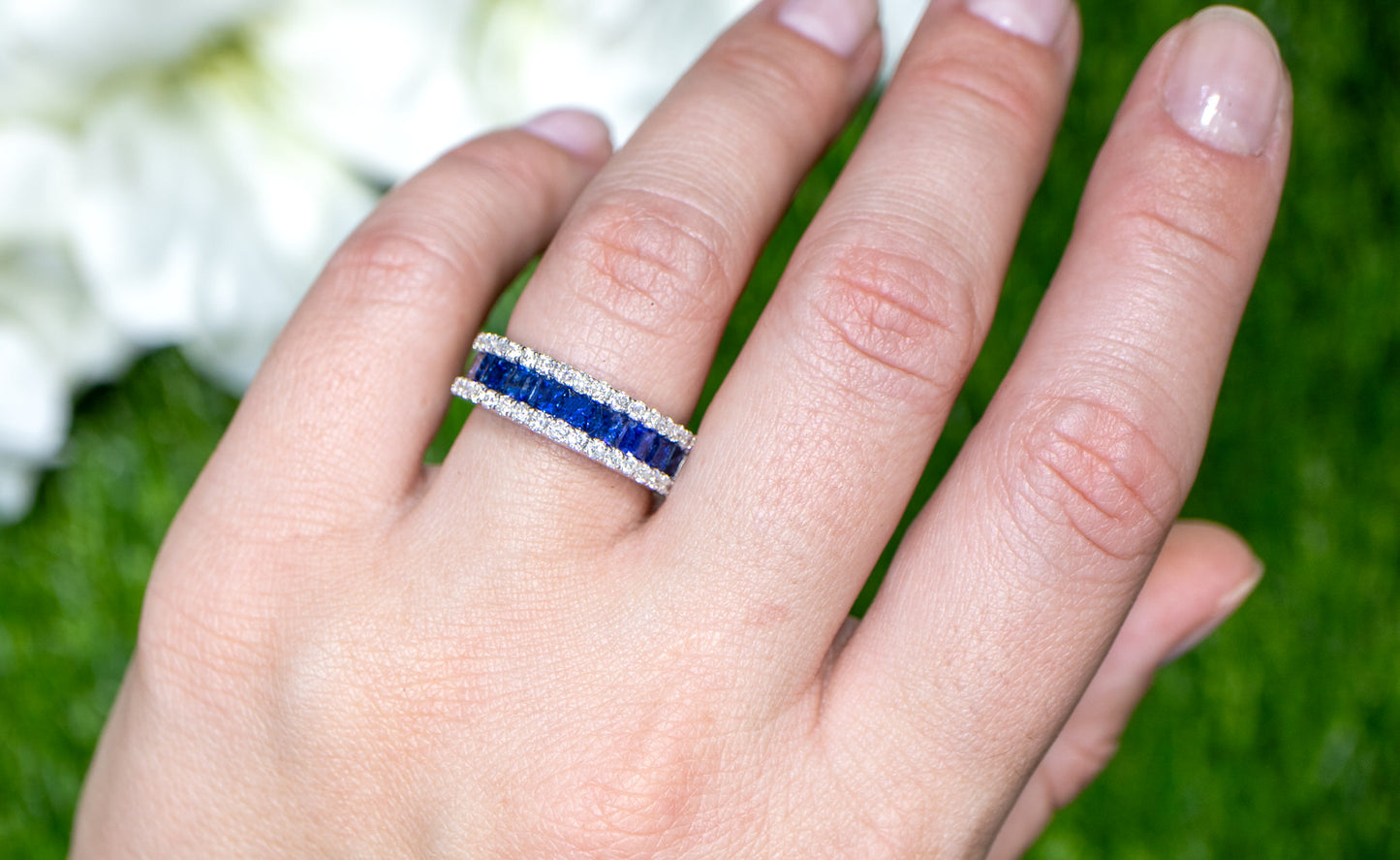 Blue Sapphires Band Ring With Diamonds 2.42 Carats 18K Gold