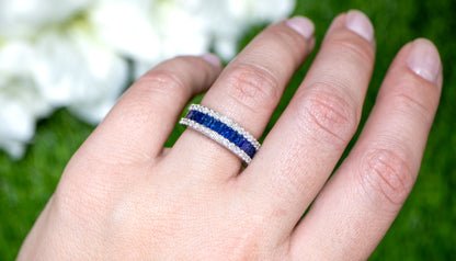 Blue Sapphires Band Ring With Diamonds 2.42 Carats 18K Gold