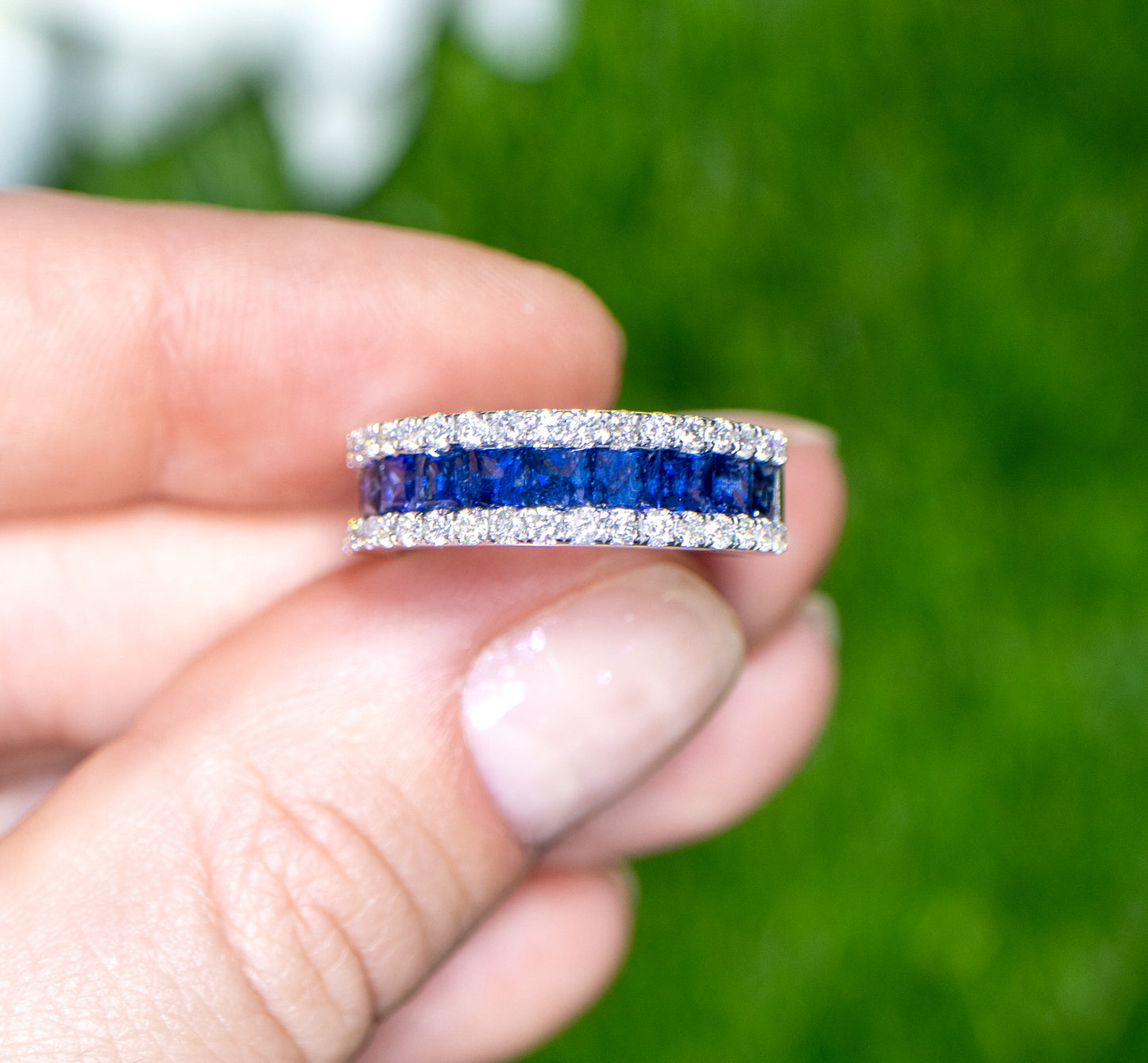 Blue Sapphires Band Ring With Diamonds 2.42 Carats 18K Gold