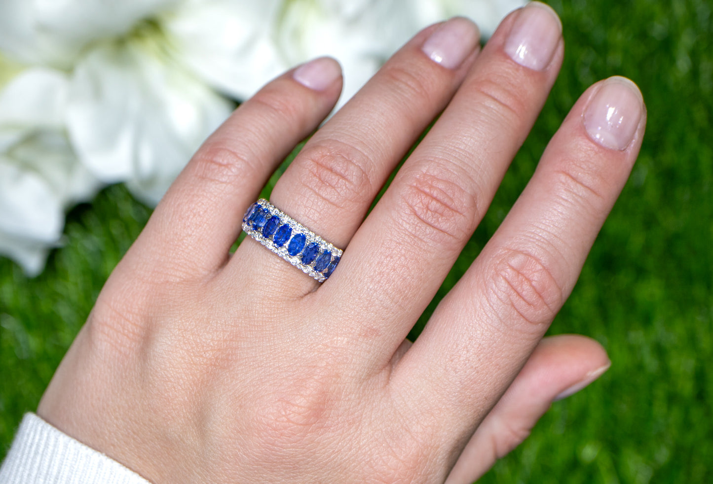 Blue Sapphires Band Ring With Diamonds 2.70 Carats 18K Gold