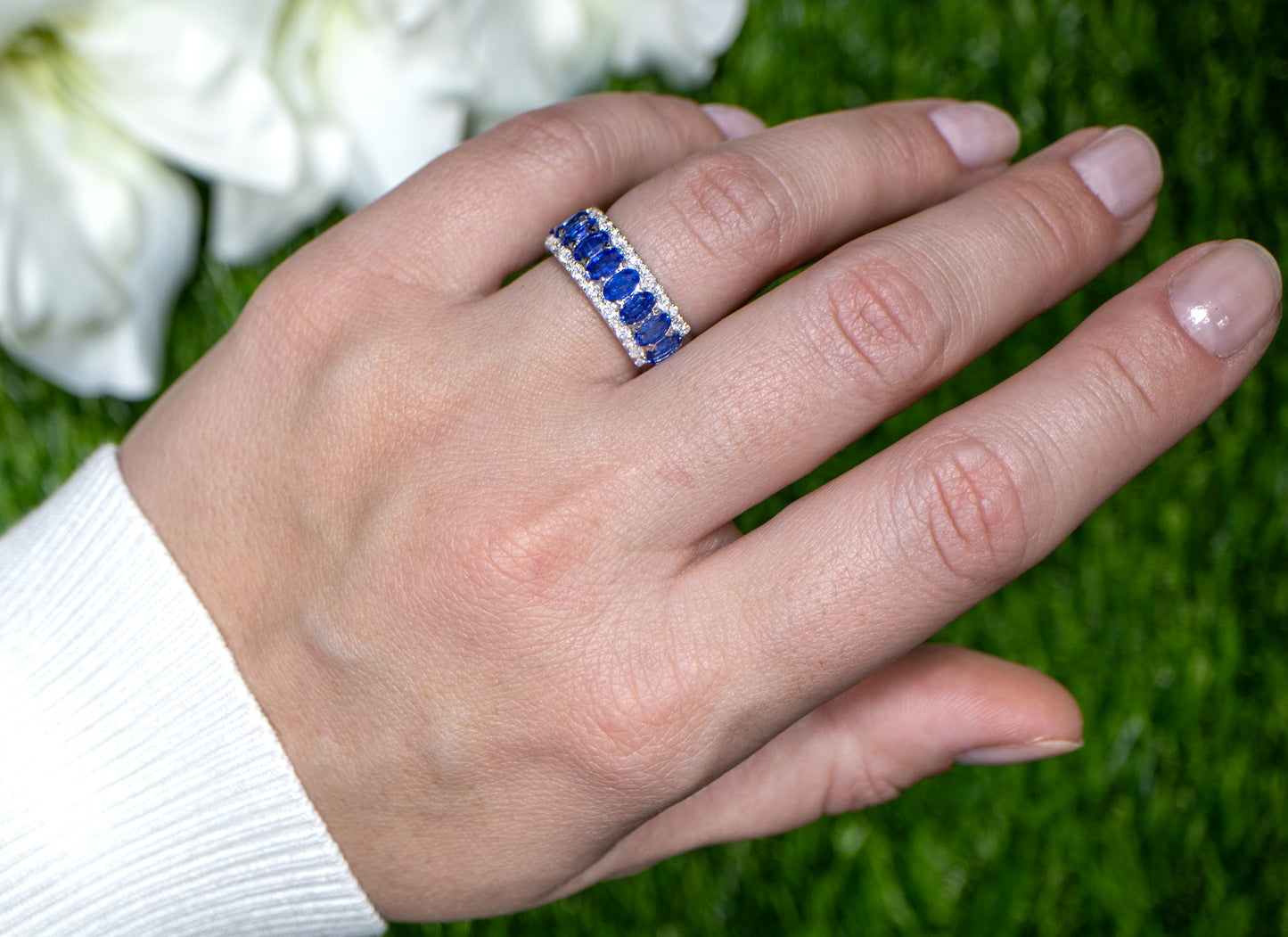 Blue Sapphires Band Ring With Diamonds 2.70 Carats 18K Gold