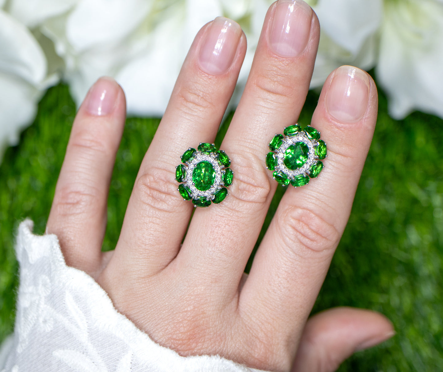 Tsavorite Stud Earrings With Diamonds 7.33 Carats 18K White Gold