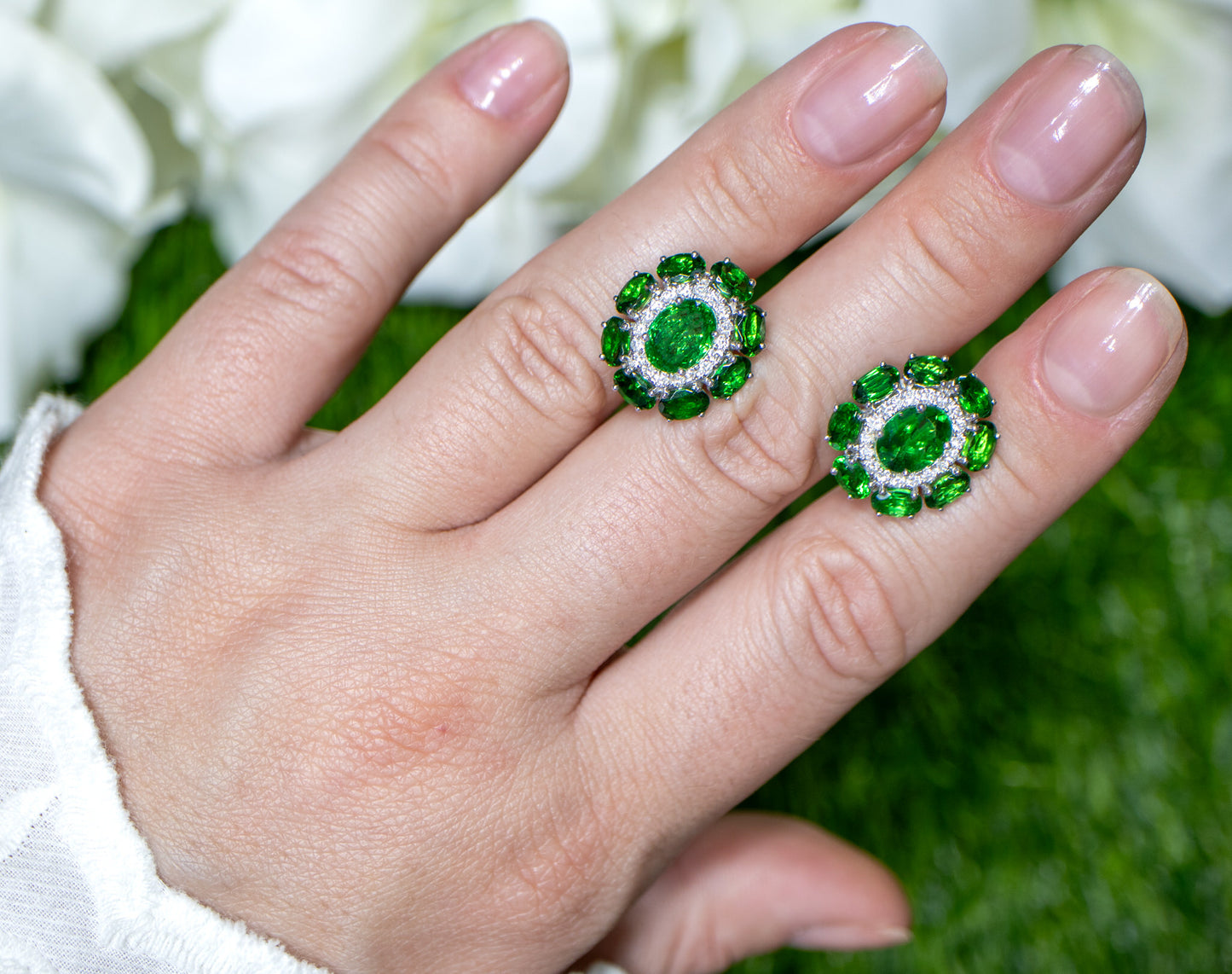 Tsavorite Stud Earrings With Diamonds 7.33 Carats 18K White Gold