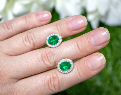 Emerald Stud Earrings Diamond Halo 4.65 Carats 18K Gold