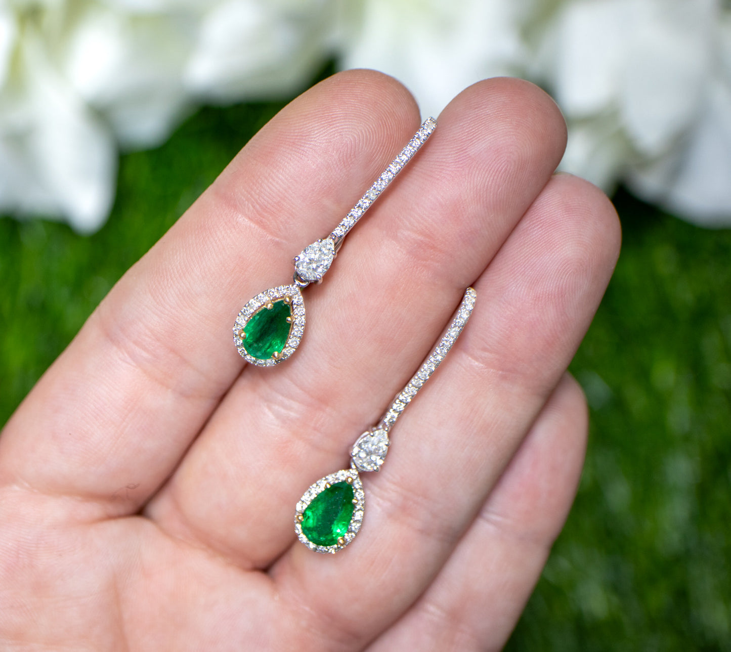 Pear Cut Emerald Dangle Earrings Set with Diamonds 4.64 Carats 18K Gold